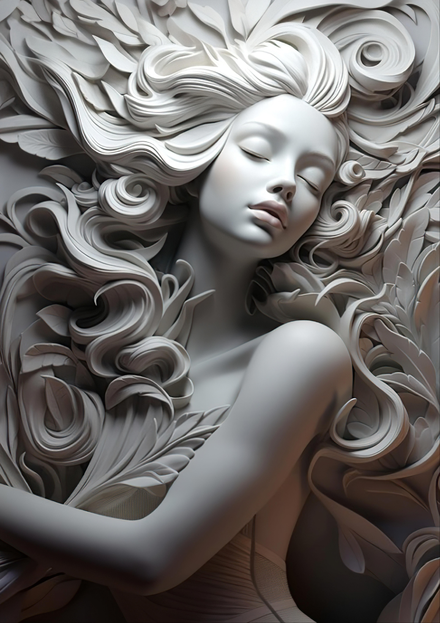 Флизелиновые фотообои "Барельеф. Девушка. Листья", 200*283 см, серый
