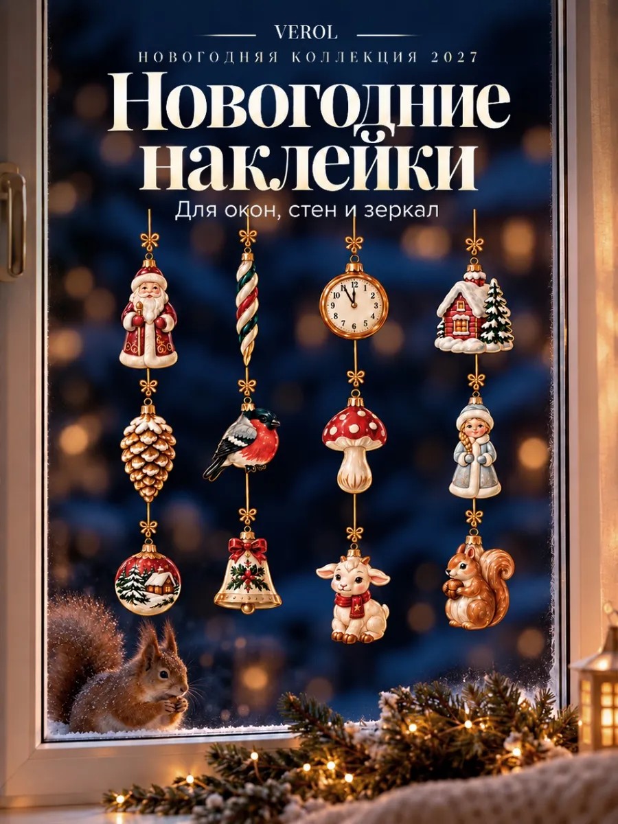 Новогодние наклейки Ретро игрушки для окон и стен