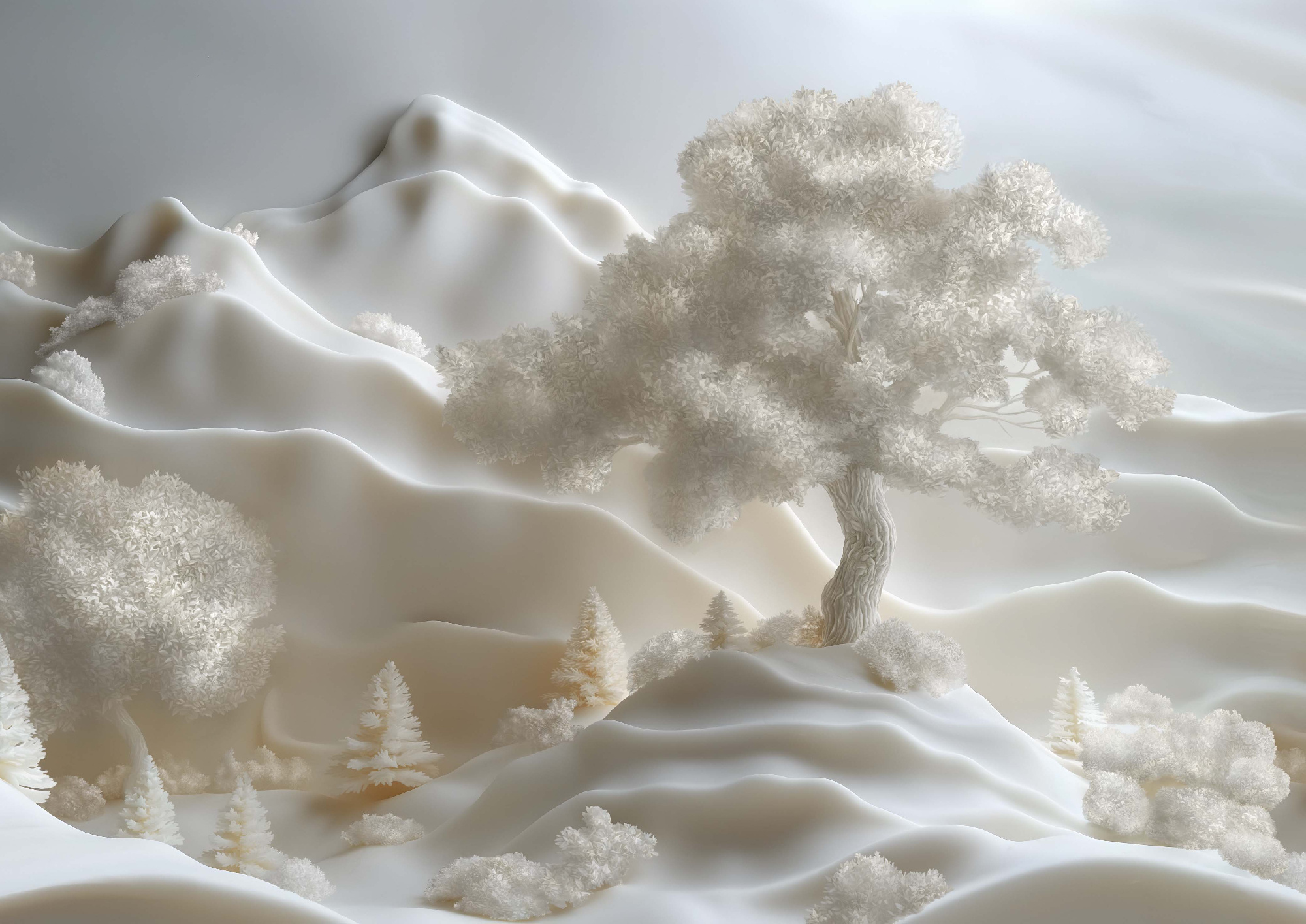Флизелиновые фотообои "Барельеф. Пейзаж. Горы. Дерево", 400*283 см, белый, кремовый