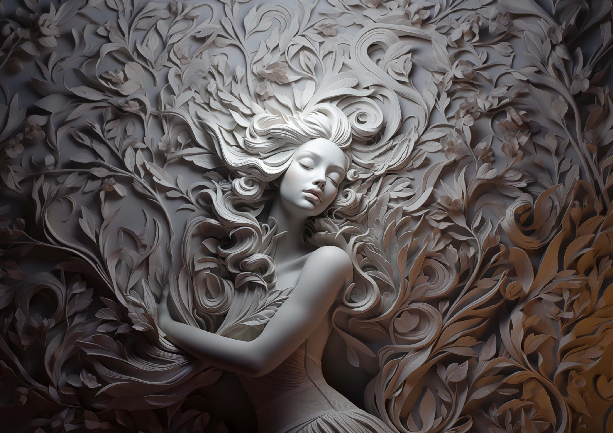 Флизелиновые фотообои "Барельеф. Девушка. Листья", 400*283 см, серый
