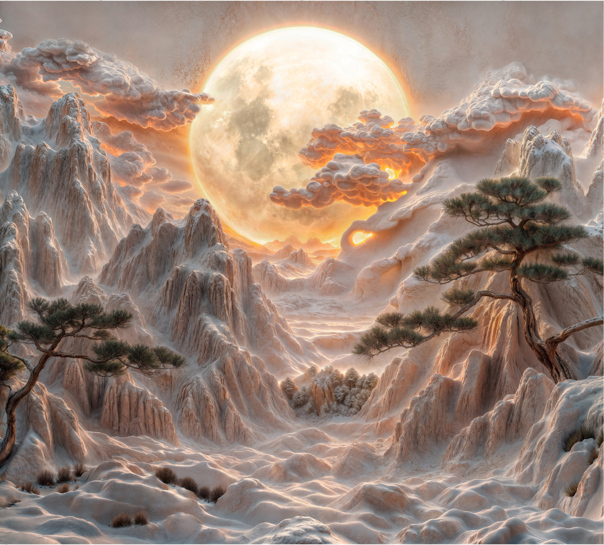 Флизелиновые фотообои "Барельеф. Пейзаж. Горы. Луна", 300*283 см, терракотовый
