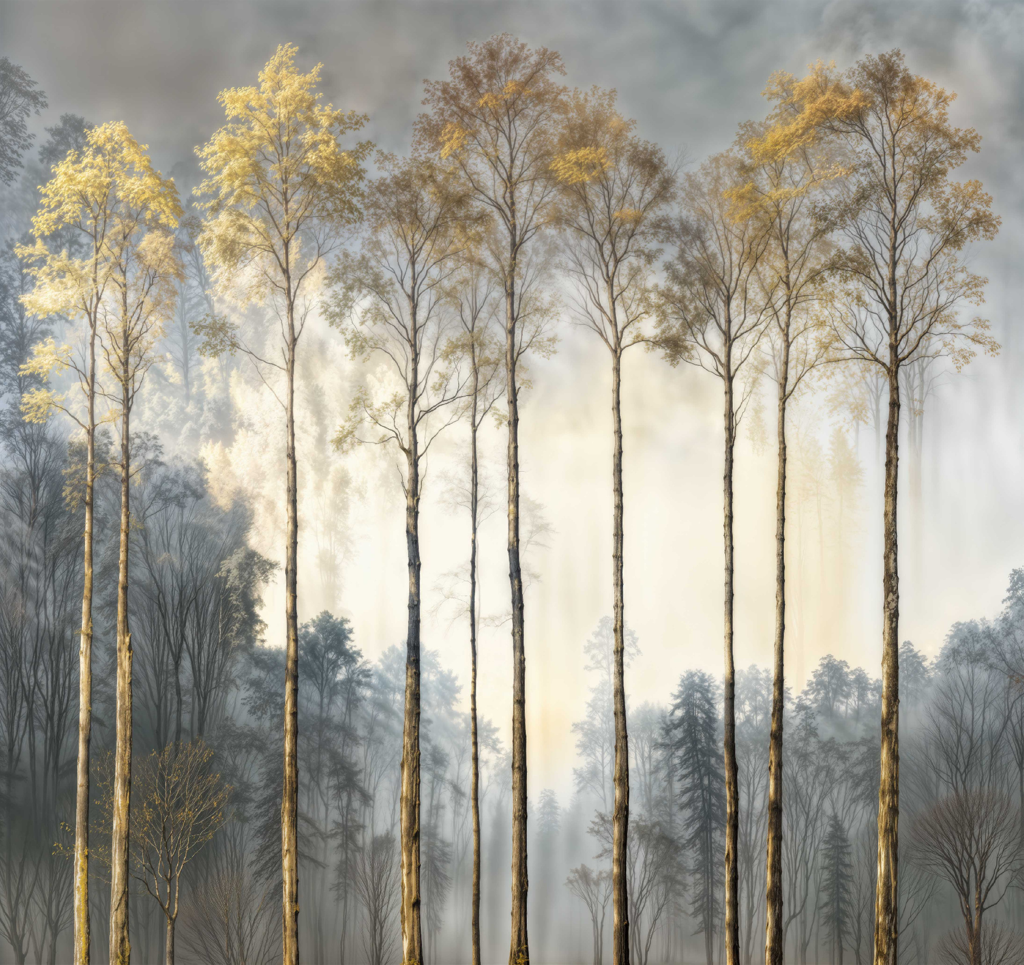 Флизелиновые фотообои "Пейзаж. Лес", 300*283 см, серый, золотой