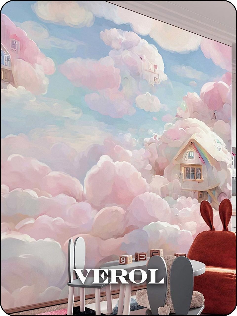 Флизелиновые фотообои "Облака. Домик", детские, 300*283 см, розовый, голубой