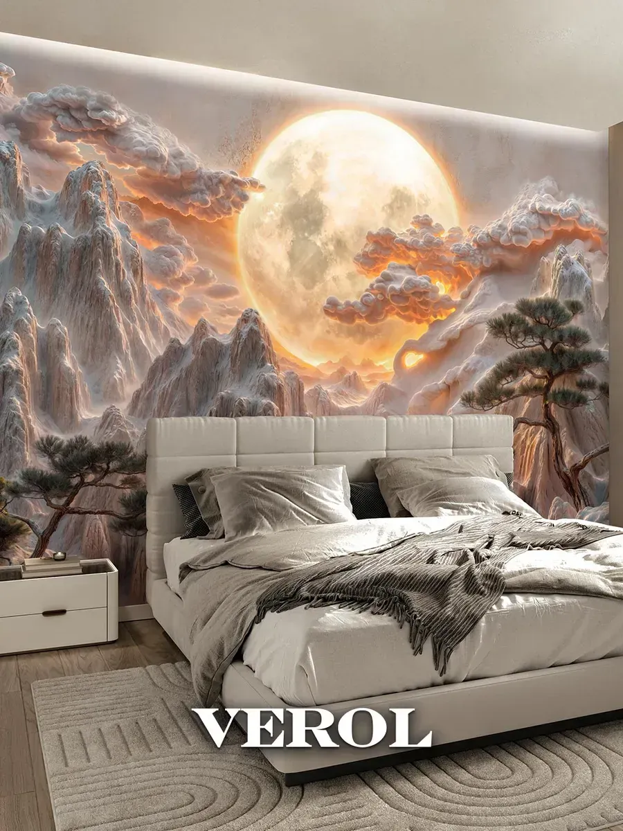 Бесшовные флизелиновые фотообои "Горы закат луна", 400*283 см, бежевый