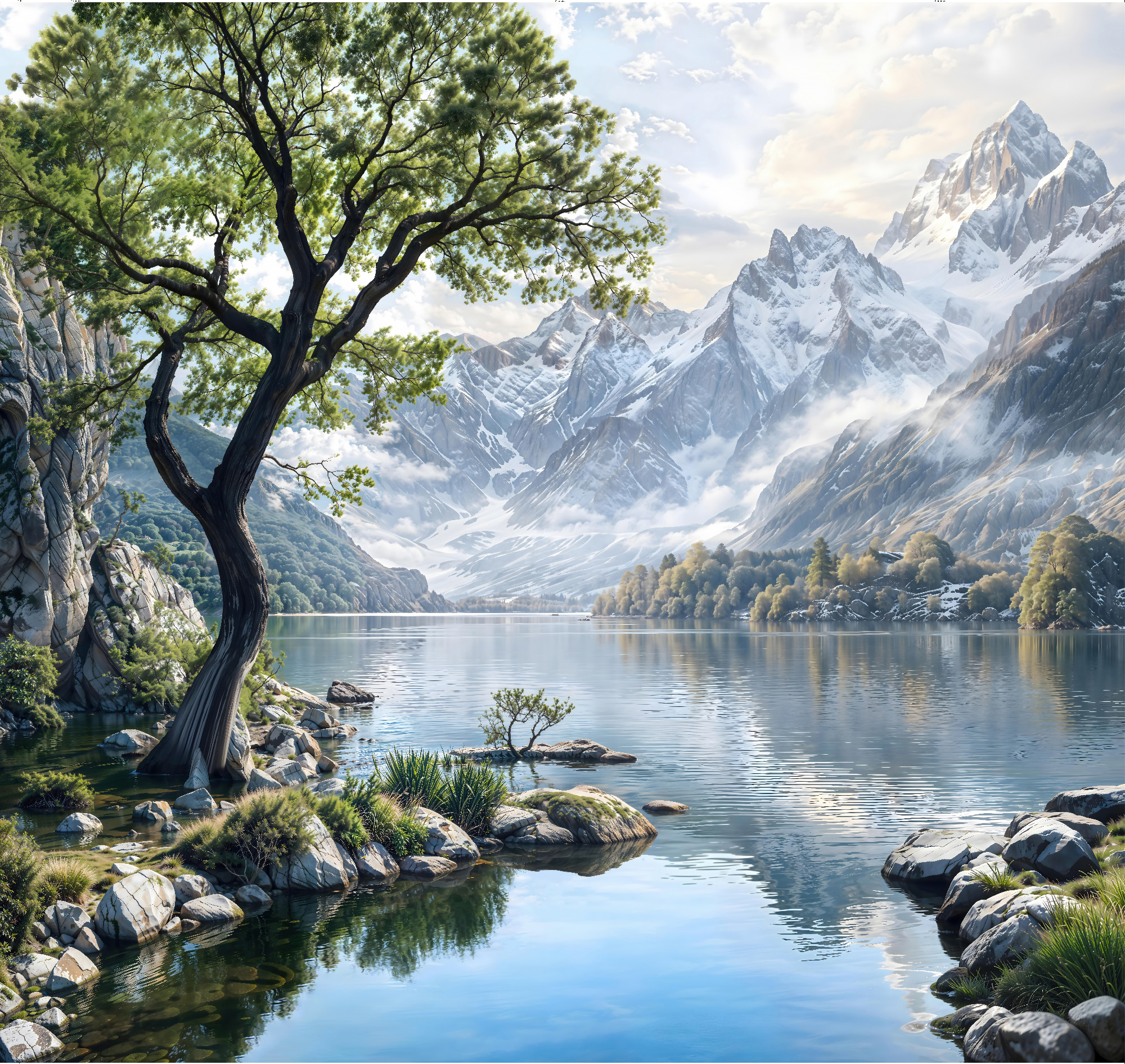 Флизелиновые фотообои "Пейзаж. Горы. Озеро", 300*283 см, голубой