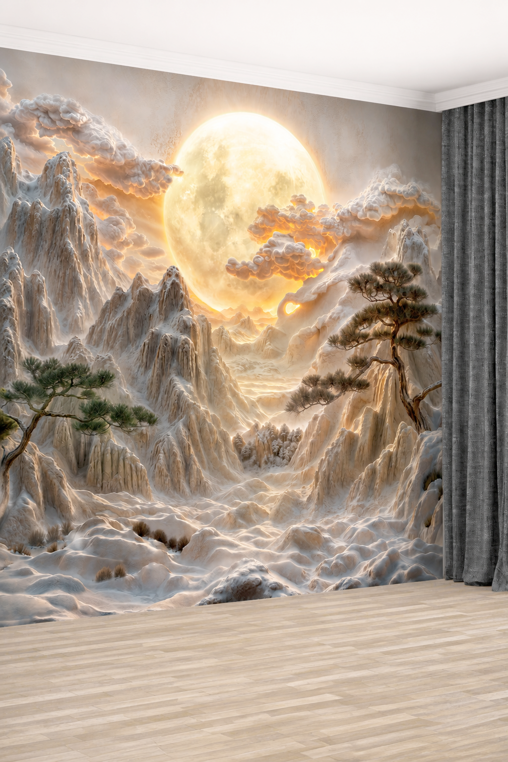 Флизелиновые фотообои "Барельеф. Пейзаж. Горы. Луна", 300*283 см, терракотовый
