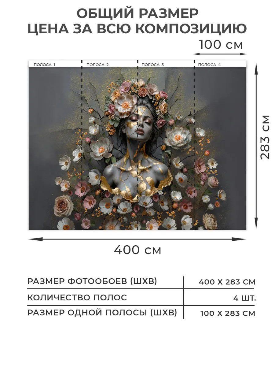 Флизелиновые фотообои "Девушка в цветах", универсальные, 400*283 см, серый