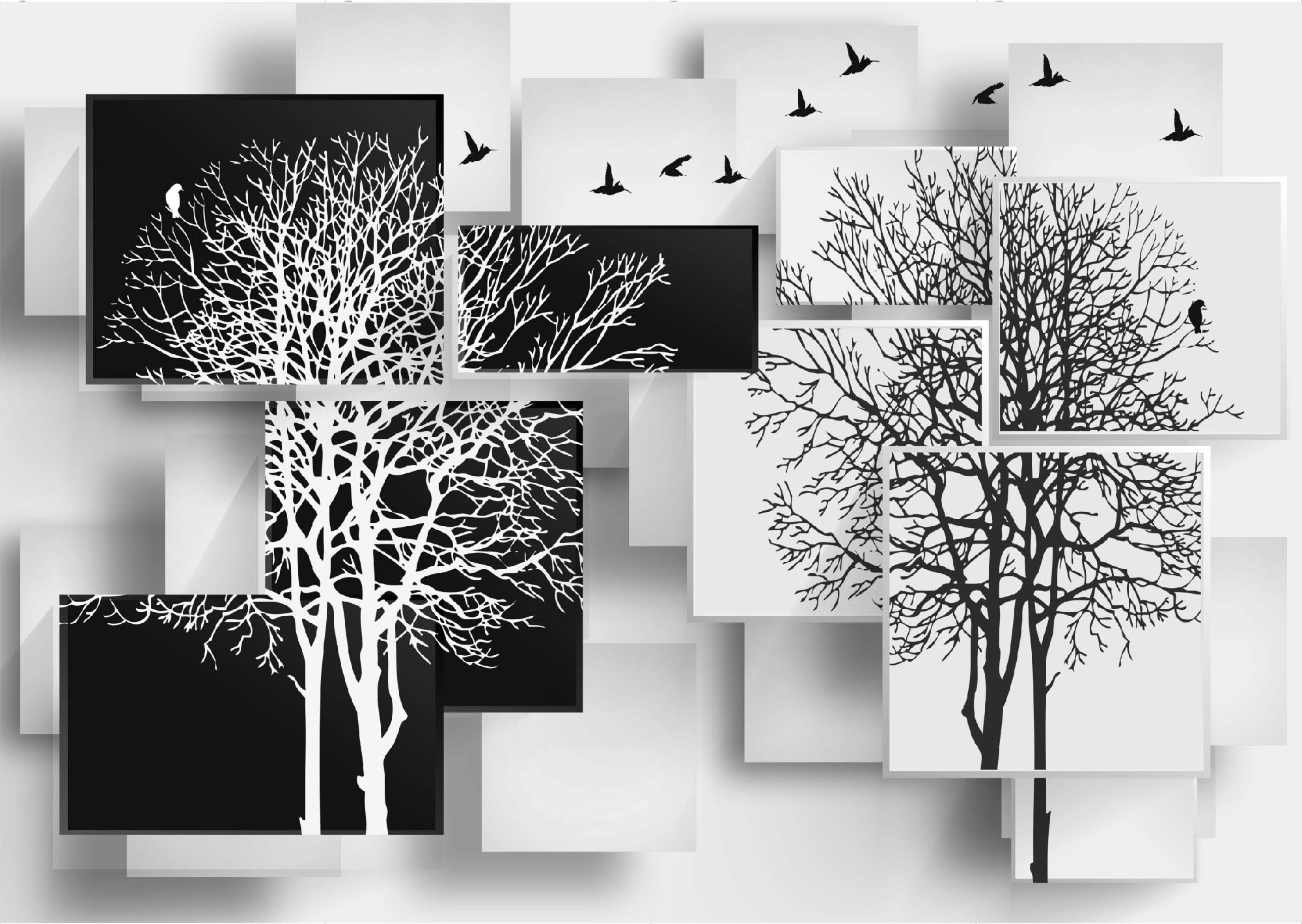 Флизелиновые фотообои "Абстракция. Деревья. Птицы", 400*283 см, белый, черный