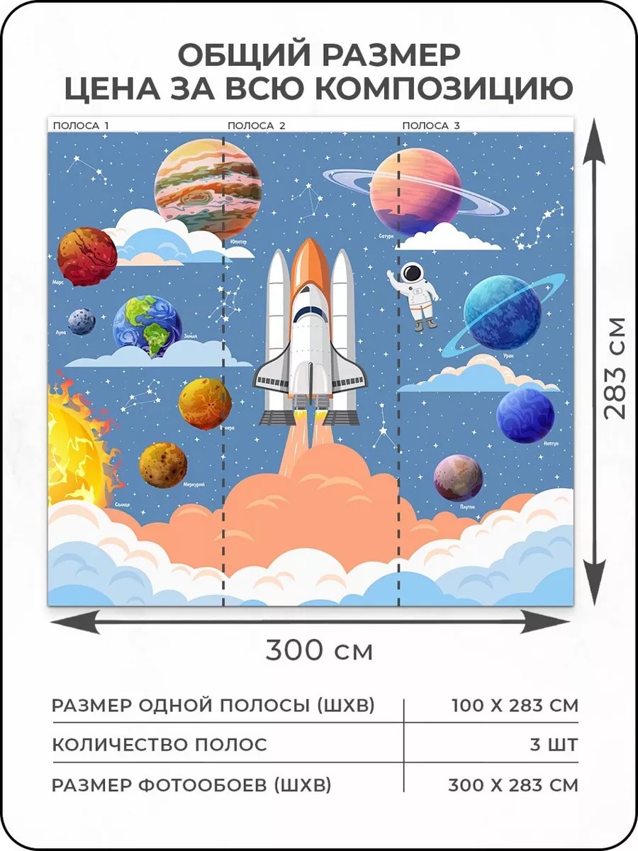 Флизелиновые фотообои "Космос", детские, 300*283 см, разноцветный