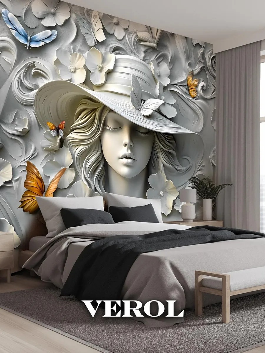Флизелиновые фотообои "Барельеф. Девушка. Бабочки", 300*283 см, серый