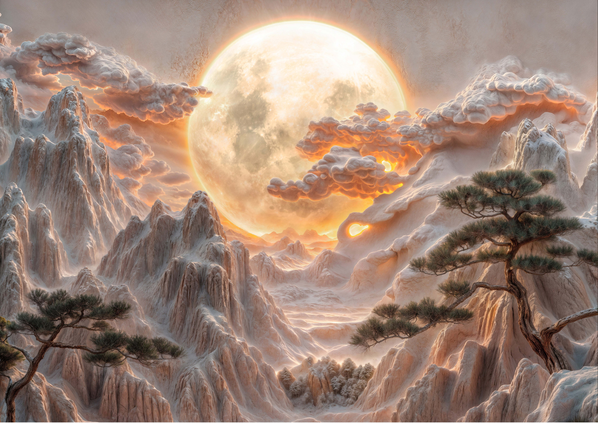Флизелиновые фотообои "Барельеф. Пейзаж. Горы. Луна", 400*283 см, терракотовый