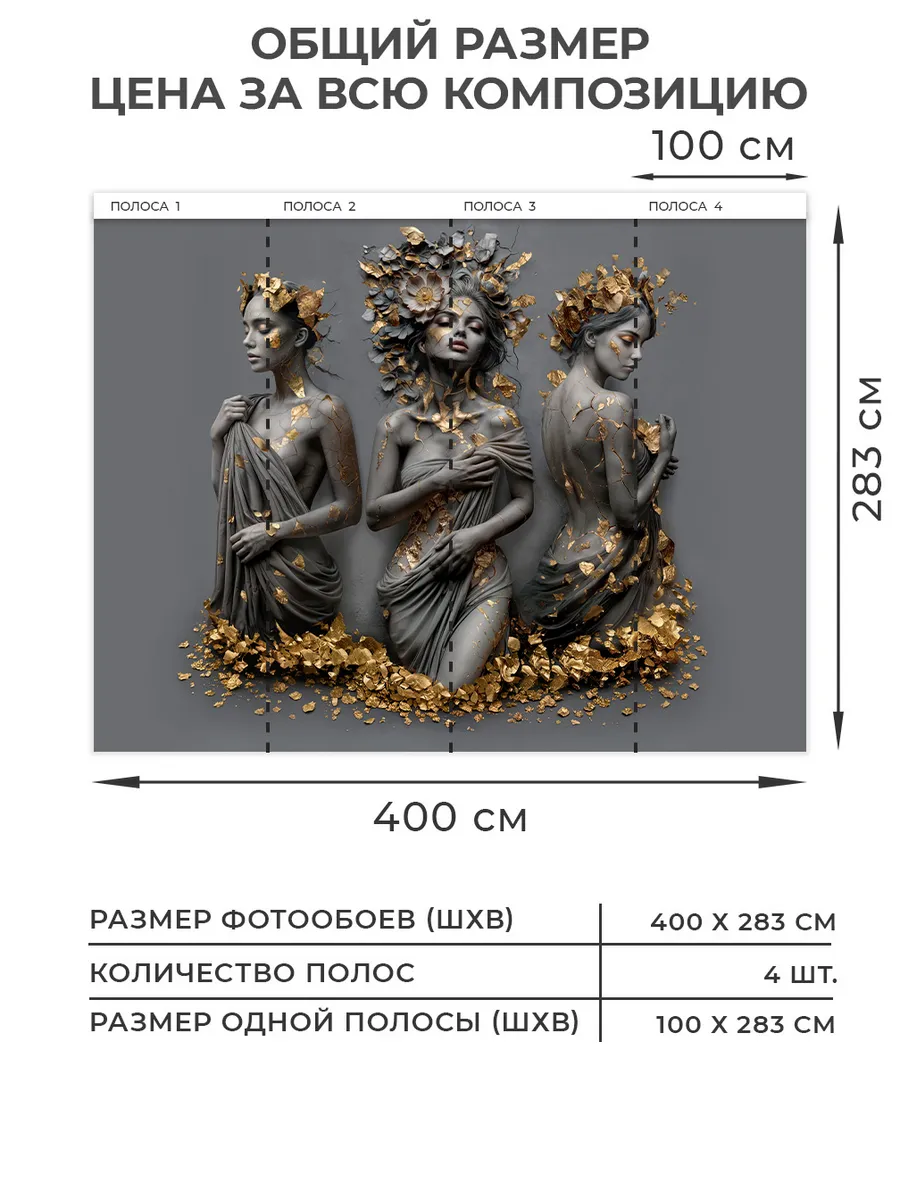 Флизелиновые фотообои "Три грации в графите", 400*283 см, серый, графит, золотистый