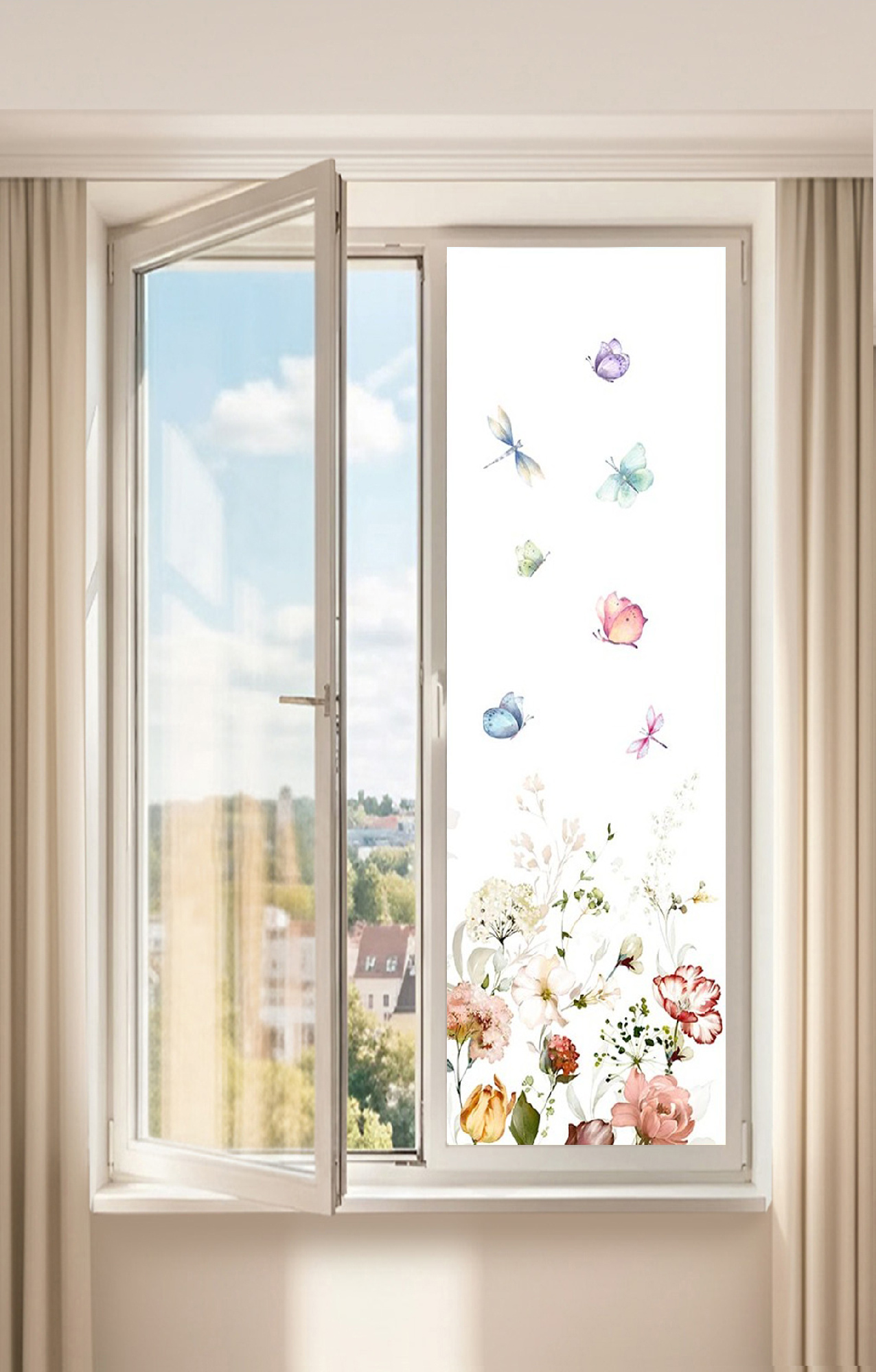 Самоклеящаяся пленка на окно "Цветы. Бабочки", 55*150 см, разноцветный