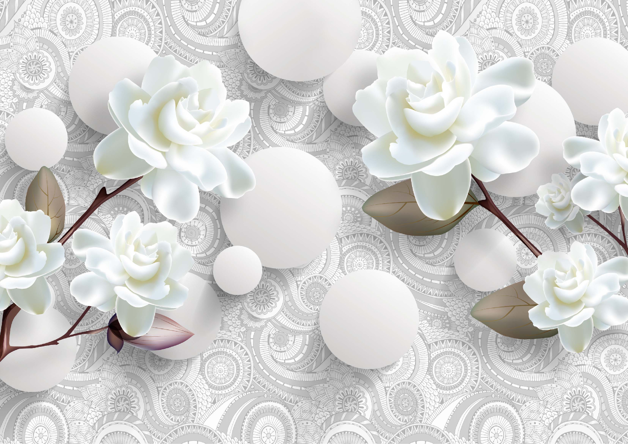 Флизелиновые фотообои "Абстракция. Цветы. Узоры", 400*283 см, белый, серый