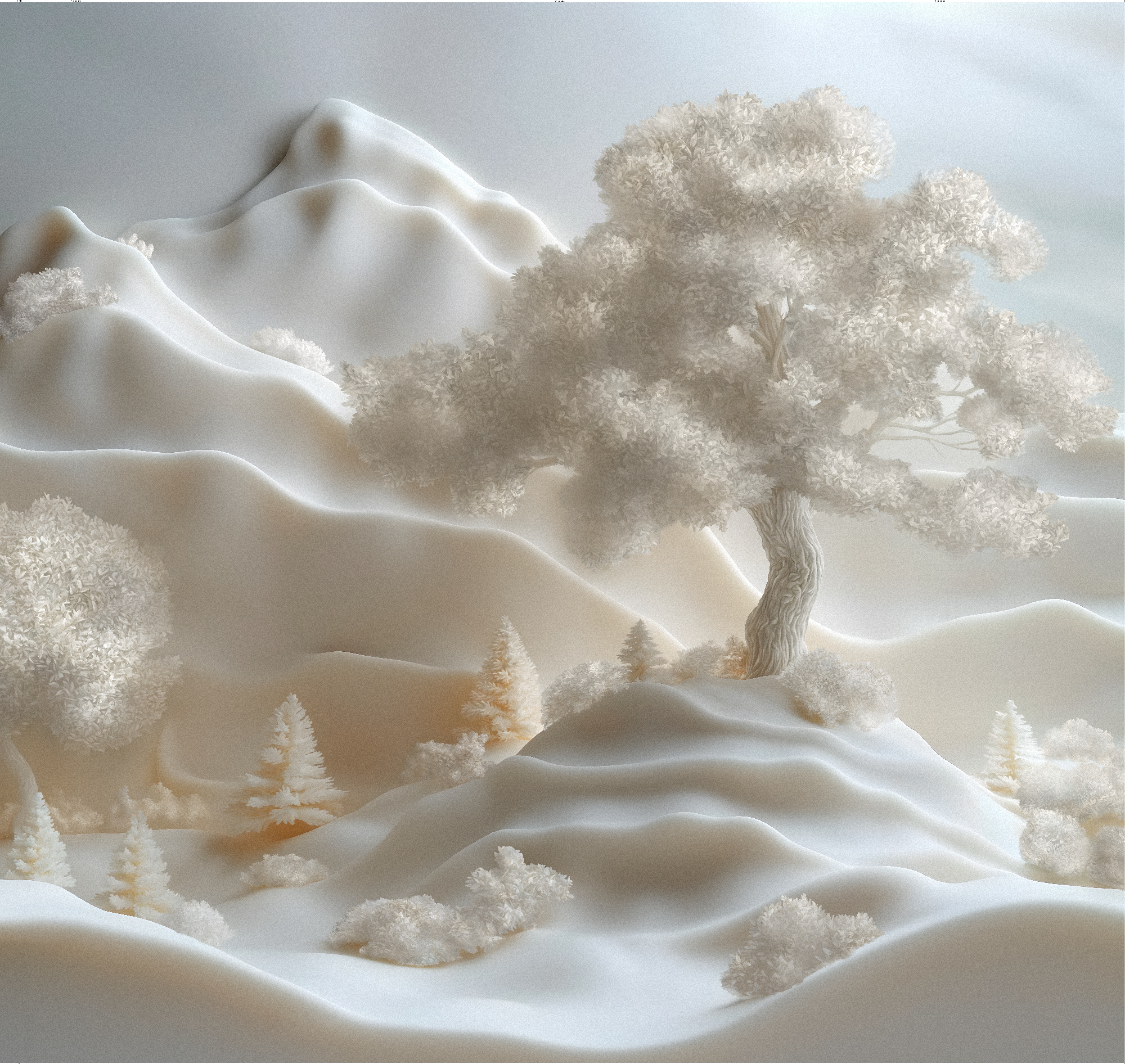Флизелиновые фотообои "Барельеф. Пейзаж. Горы. Дерево", 300*283 см, белый, кремовый