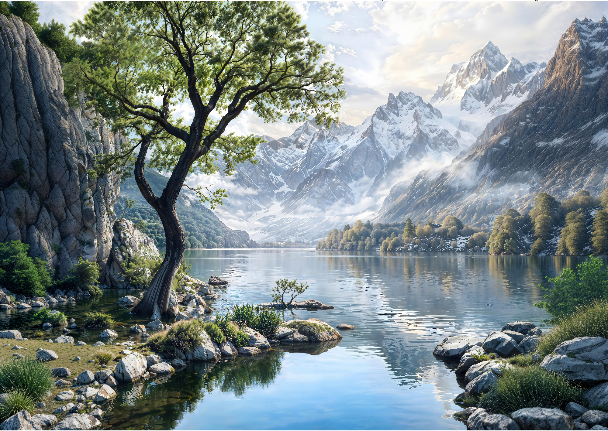 Флизелиновые фотообои "Пейзаж. Горы. Озеро", 400*283 см, голубой