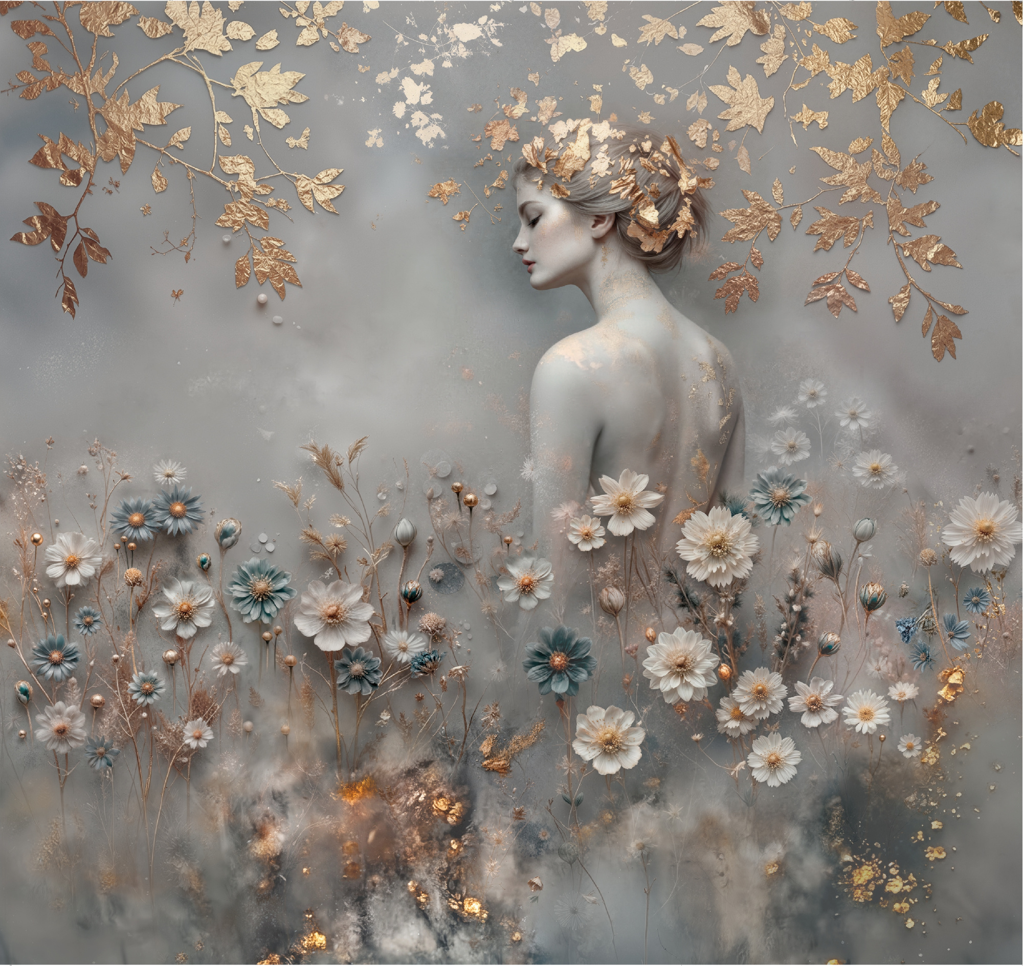 Флизелиновые фотообои "Пейзаж. Девушка. Цветы", 300*283 см, серый, золотой