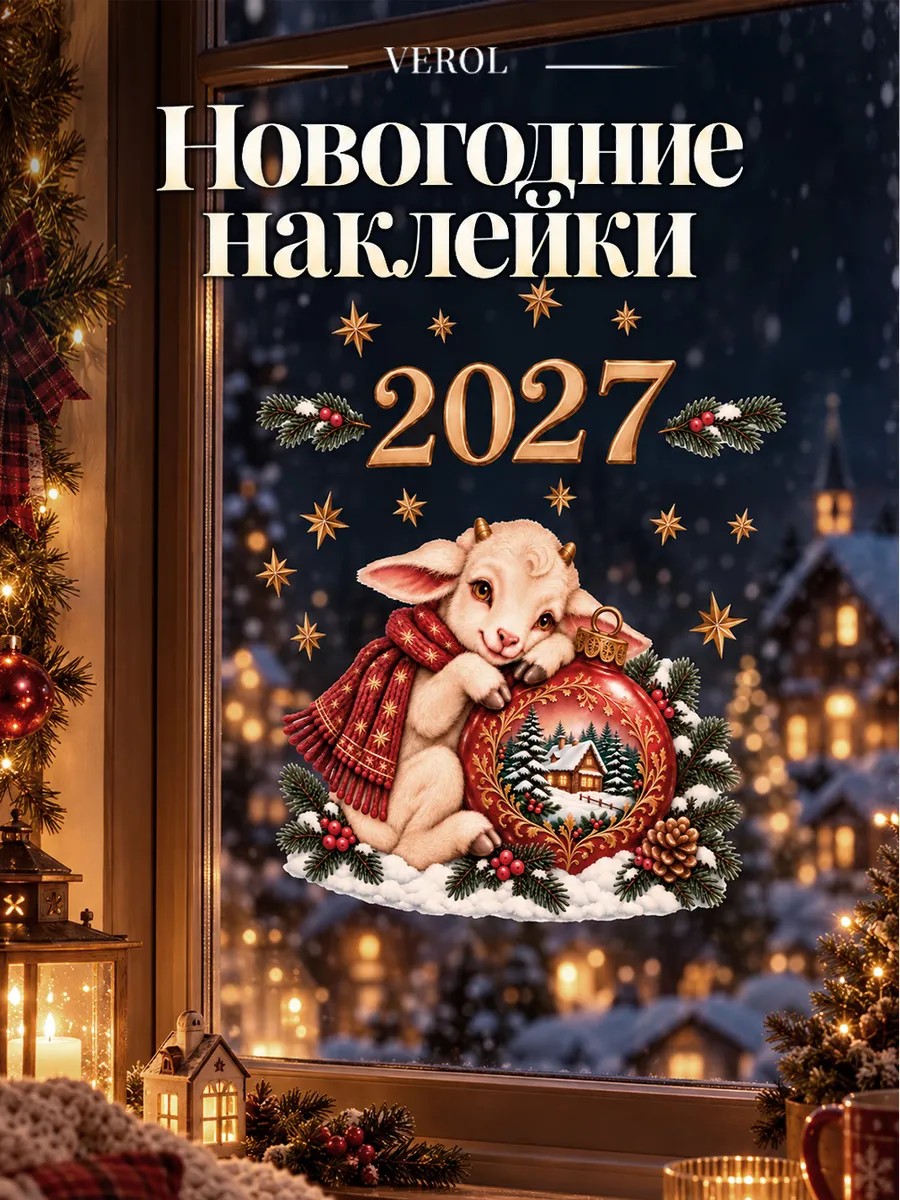 Новогодние наклейки на окна Козочка на шарике 2027