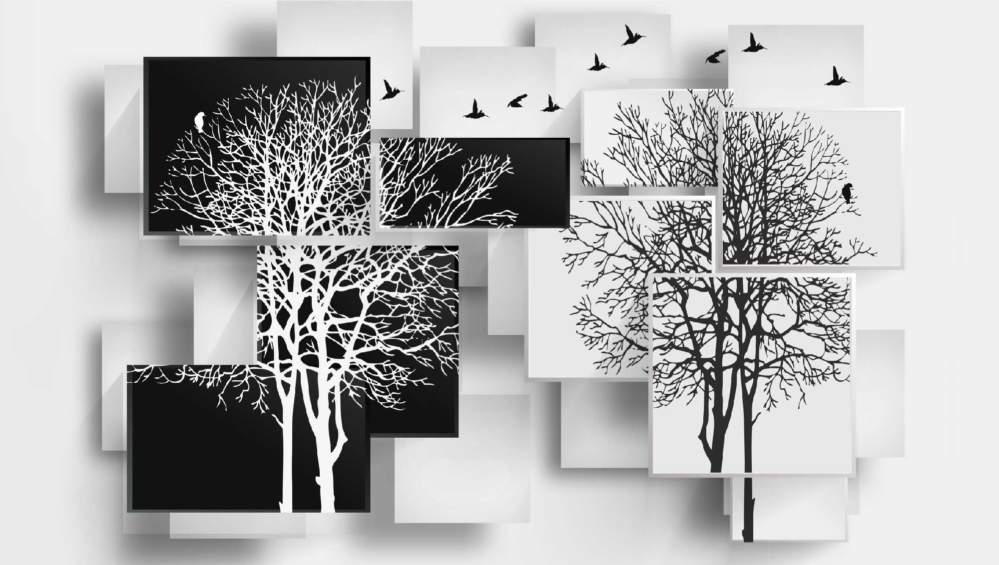 Флизелиновые фотообои "Абстракция. Деревья. Птицы", 500*283 см, белый, черный