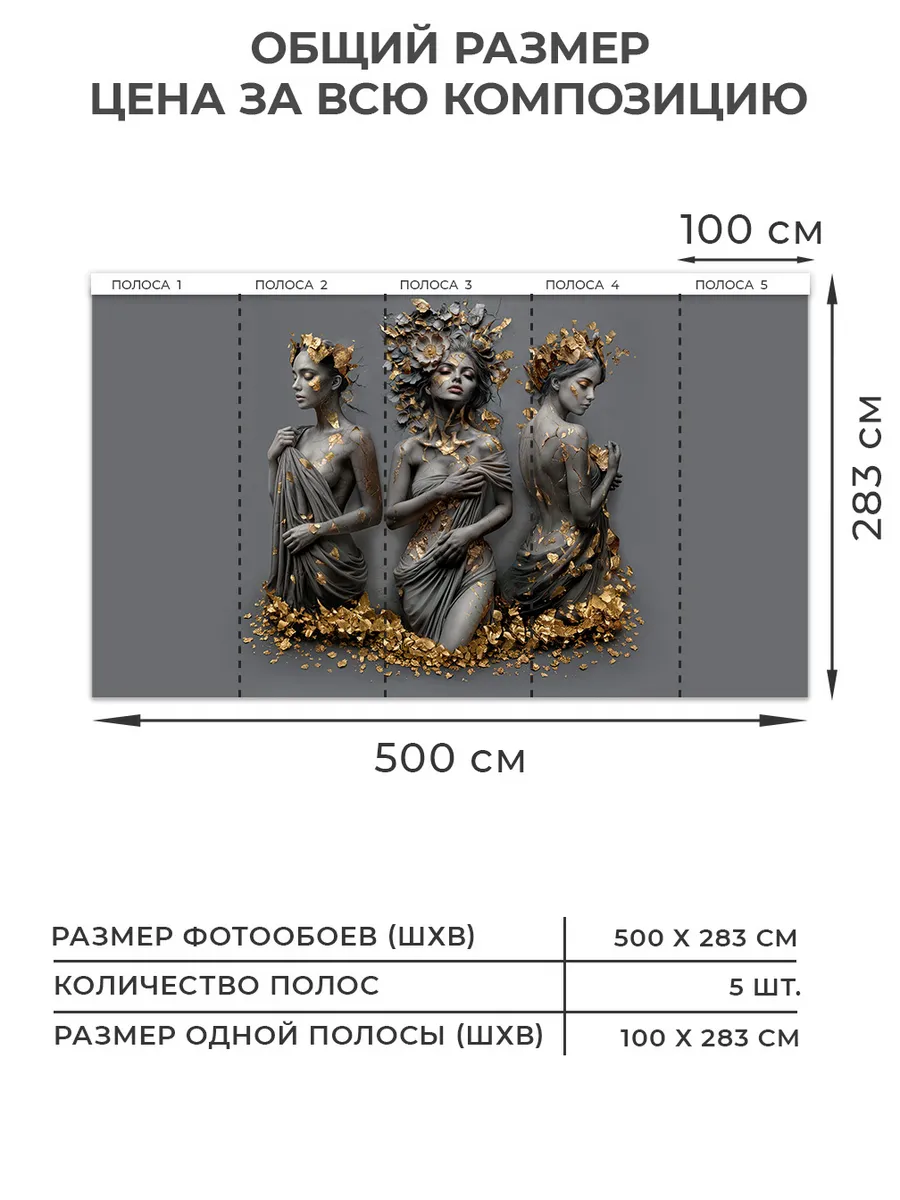 Флизелиновые фотообои "Три грации в графите", 500*283 см, серый, графит, золотистый