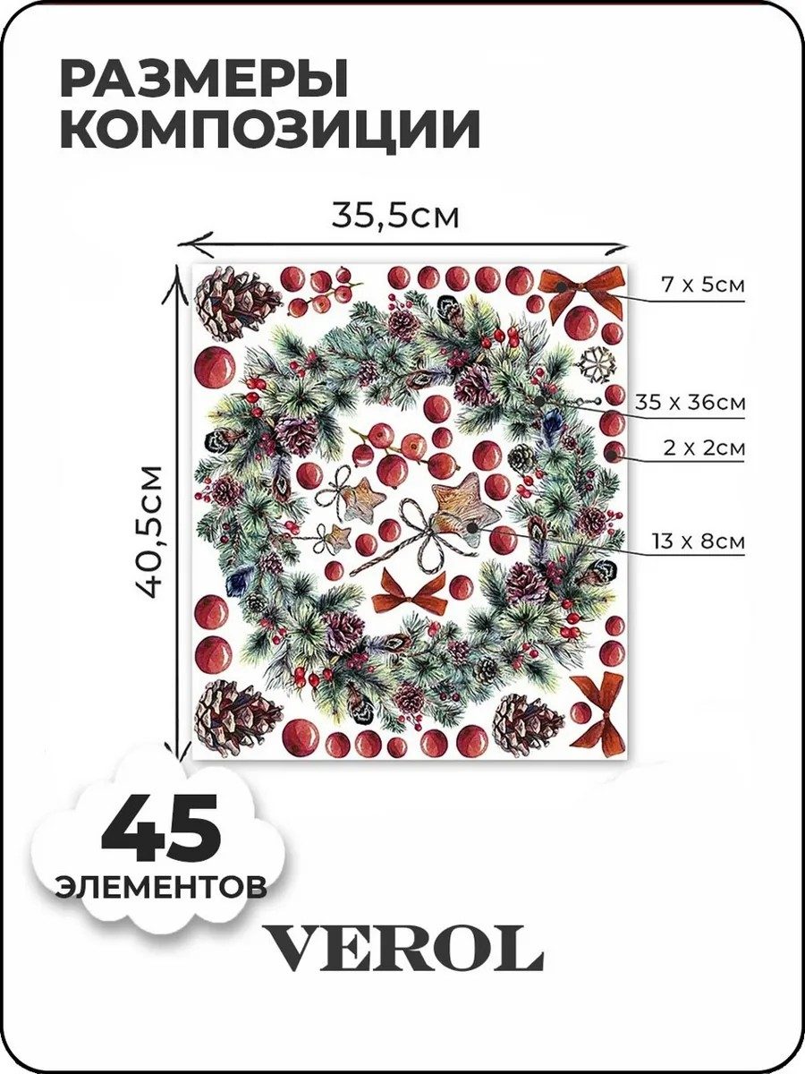Новогодние наклейки интерьерные венок с шишками на дверь