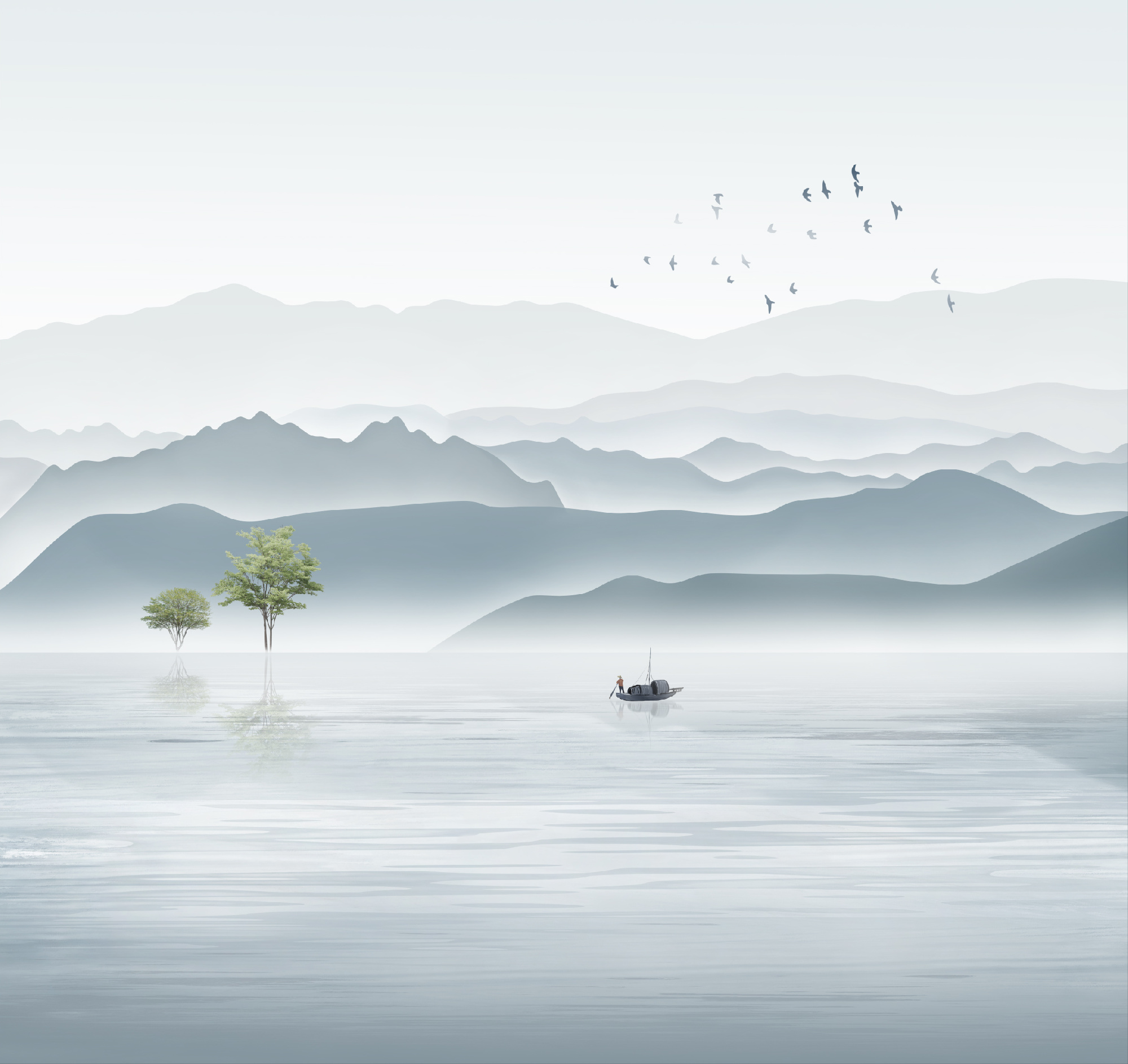 Флизелиновые фотообои "Абстракция. Пейзаж. Горы. Море", 300*283 см, голубой, серый
