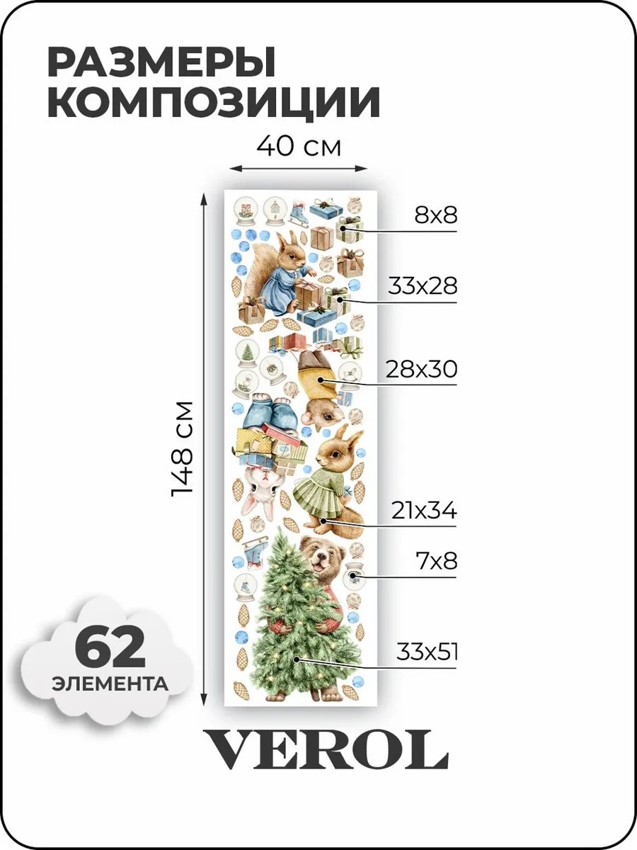 Новогодняя наклейка "Елка. Зверята", матовая, разноцветный